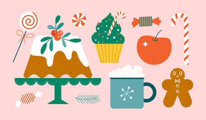 Christmas sweet treats with cute decorations. Traditional family xmas cakes, candies, drinks for cozy celebration. Flat illustration for winter holidays graphic design.
