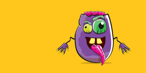 vector funny cartoon spooky violet zombie potato character isolated on orange background. Zombie potato vector concept halloween background and label. Dead monster vegetable funky character