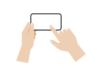 Hand holding a smartphone in horizontal and touch on screen, Vector.