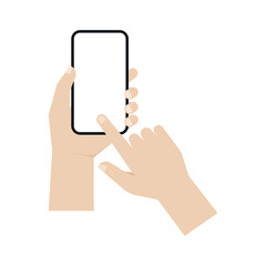 Hand holding a smartphone and touch on screen, Vector.