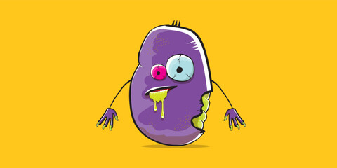 vector funny cartoon spooky violet zombie potato character isolated on orange background. Zombie potato vector concept halloween background and label. Dead monster vegetable funky character