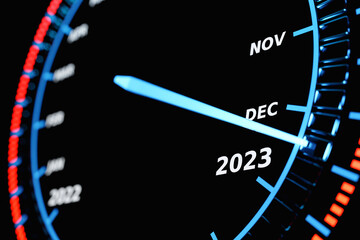 Year 2023 calendar speedometer car in illustration.The concept of the new year and Christmas in the automotive field. Counting months, time until the new year.