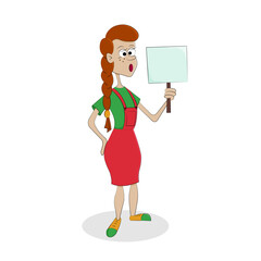 A young female protester holds up a blank poster with space for text, isolated on a white background. Woman activist. Vector illustration in cartoon style.