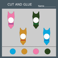 Educational activity, riddle for preschool kids.  Cut ang glue peace of swimsuites