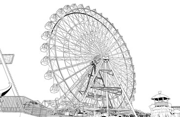 漫画風ペン画イラスト　アミューズメント施設_遊園地