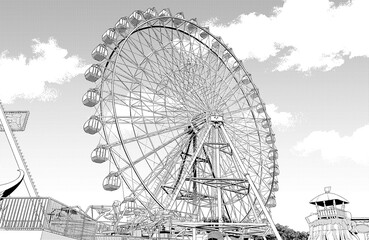 漫画風ペン画イラスト　アミューズメント施設_遊園地