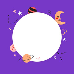 Vector frame background with cute stars and planets. Concept for advertising, invitations, poster prints.