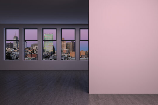 Downtown San Francisco City Skyline Buildings from High Rise Window. Beautiful Expensive Real Estate. Empty room Interior. Mockup wall. Skyscrapers Cityscape. Sunset California. 3d rendering