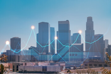 Skyscrapers Cityscape Downtown View, Los Angeles Skyline Buildings. Beautiful Real Estate. Day time. Forex Financial graph and chart hologram. Business education concept.
