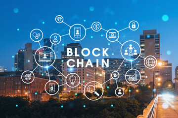 Panoramic view of Broadway district of Nashville over Cumberland River at illuminated night skyline, Tennessee, USA. Decentralized economy. Blockchain, cryptocurrency, cryptography concept, hologram