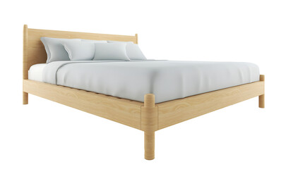 Simple wooden white bedding set. Bed. Perspective