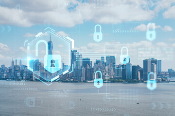 Naklejka na ściany i meble Aerial panoramic helicopter city view of Lower Manhattan and Downtown financial district, New York, USA. The concept of cyber security to protect confidential information, padlock hologram