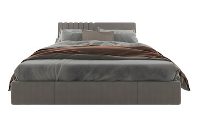 Messy minimalism gray brown bedding set. Bed. Front view