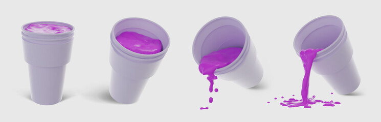 Realistic 3D double cup with Lean. Codeine purple drink, standing and dripping cups collection. Vector set - obrazy, fototapety, plakaty