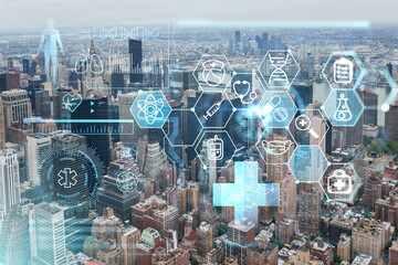 Aerial panoramic city view of Upper Manhattan, the East Side, river and Brooklyn on horizon, New York city, USA. Health care digital medicine hologram. The concept of treatment and disease prevention