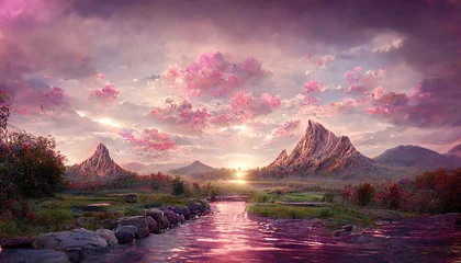 Poster Stroom met rotsachtige bank en roze bloemen tegen bergen © Zaleman