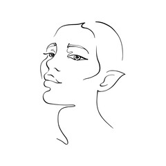 Beautyfull girl elf face. Attractive young woman portrait, beauty concept. Black and white vector illustration