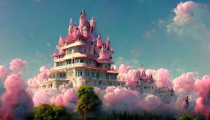 Fairy tale princess castle with pink towers among clouds