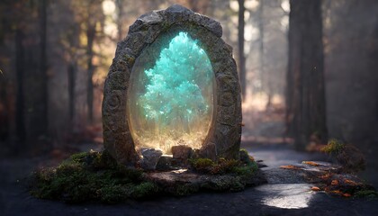 Mystery portal in old stone arch in misty autumn wood - obrazy, fototapety, plakaty