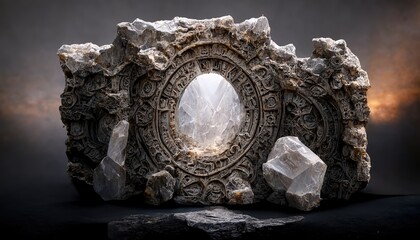 Element of stone stella with ancient portal against mist - obrazy, fototapety, plakaty