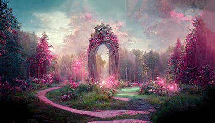 Elegant portal in floral arch in pink fairy tale forest - obrazy, fototapety, plakaty