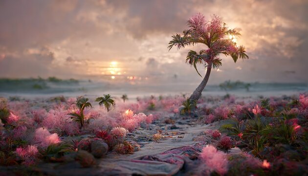 Palm tree and pink fluffy flowers on sand beach at resort