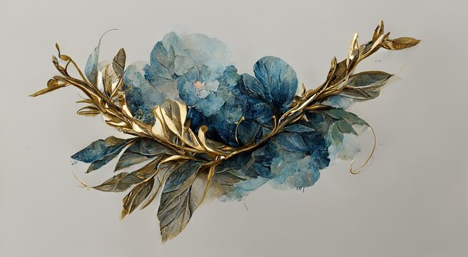 Golden branches with blue flowers on light background