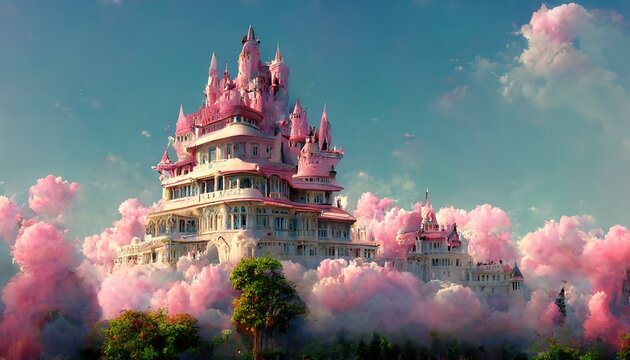 Fairy tale princess castle with pink towers among clouds