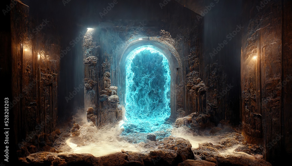 Wall mural water flowing through open ancient portal in hidden temple