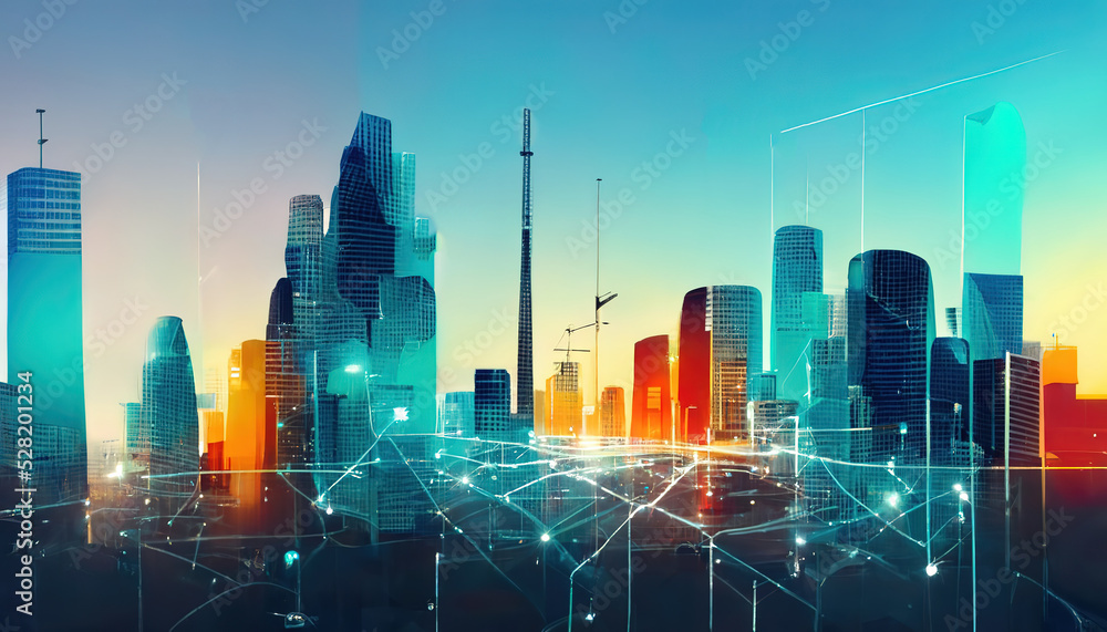 Aufkleber Modern city with multistory buildings and power network