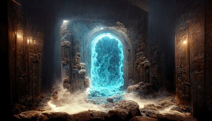 Water flowing through open ancient portal in hidden temple - obrazy, fototapety, plakaty