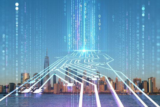 Skyline of New York City Financial Downtown Skyscrapers at sunset. Manhattan, NYC, USA. View from New Jersey. Artificial Intelligence concept, hologram. AI, machine learning, neural network, robotics - Powered by Adobe