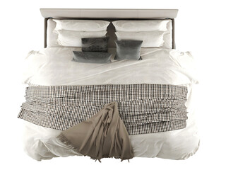 Khaki white gray bedding set, bed, top view