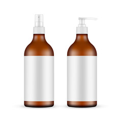 Amber Plastic Cosmetic Bottles With Pump and Spray, Isolated on White Background. Vector Illustration