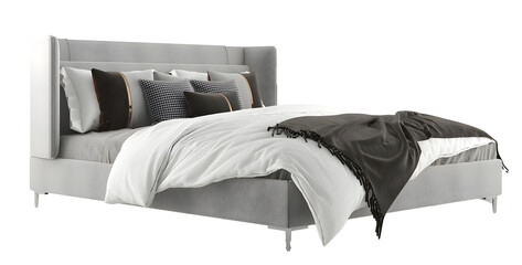 Modern gray-white bedding set, bed, perspective