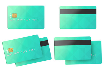 Realistic credit cards template isolated. Four poses of light green credit cards as mockup. 3D Rendering.