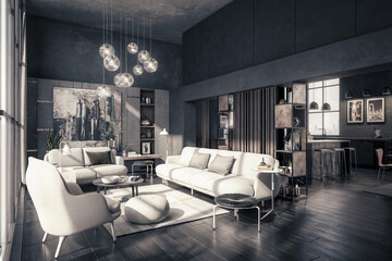 Einrichtung eines stylischen Penthaus-Loft-Apartments  - 3D Visualisierung in schwarz-weiß