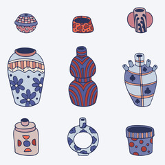Naklejka premium Set of nine vector illustrations. Various badges, stickers and icons with cartoon vases. Ceramic products with patterns.