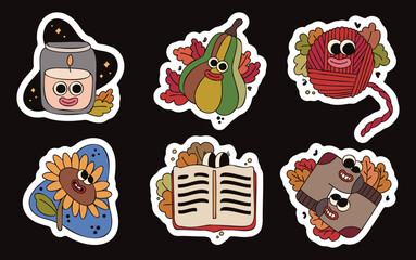 Set of six vector illustrations. Various badges, stickers with funny cartoon characters. Autumn symbols.