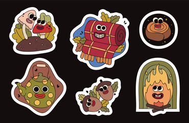 Set of six vector illustrations. Various badges, stickers with funny cartoon characters. Autumn symbols.