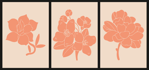 Set of three stencil graffiti posters. Contrasting minimalist vintage backgrounds. Illustration for decor, covers. Silhouettes of hand drawn flowers and leaves on a beige background.