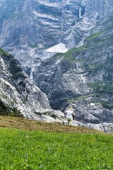 Farmer collecting hay in the mountains, Grindelwald Switzerland