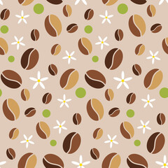 Seamless coffee beans pattern on beige with vanilla flowers and green circles. Retro background for digital paper, textile, banners