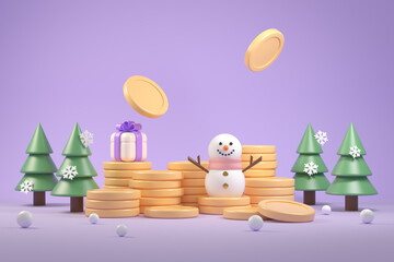 Christmas Celebrate Financial Concept  Coins Money Fund Saving Baking With Snowman Giftbox Illustration Backgrounds 3d Rendering