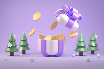 Gift Box Prize Reward Opening Coins Money Surprise Award Christmas Concept Financial Illustration Backgrounds 3d Rendering