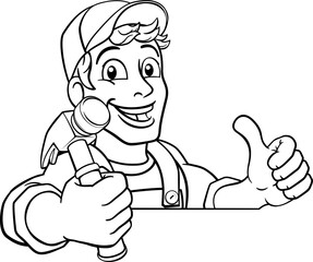 A handyman carpenter or builder cartoon man holding a hammer. Construction maintenance worker or DIY character mascot. Giving a thumbs up and peeking over a sign
