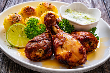 Roasted chicken drumsticks with fried potato and cucumbers in cream on wooden table

