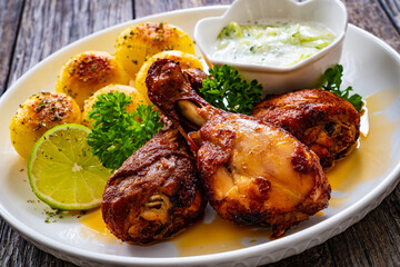 Roasted chicken drumsticks with fried potato and cucumbers in cream on wooden table

