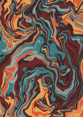 Fluid art texture. Abstract background with swirling paint effect.  Liquid acrylic picture that flows and splashes. Mixed paints for interior poster. blue, orange and burgundy iridescent colors.
