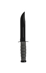Modern hunting knife with black blade and rubber handle. Steel arms. Isolate on a white back.